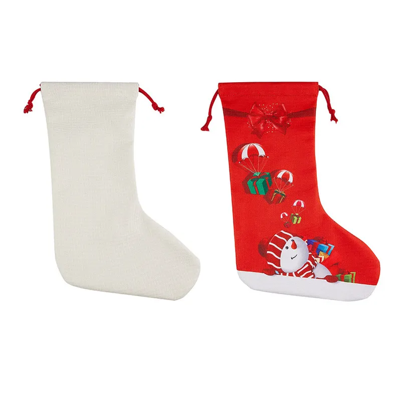 Sublimation Blank Christmas Linen Stocking Santa Drawstring Socks Home Decoration Tree Hanging Gift Bags for DIY Personaliz Logo