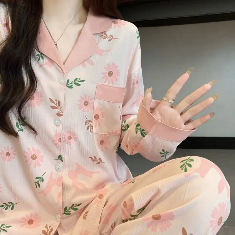 2026 New Women's Pajama Set 2 Piece Sleepwear Long Sleeve Full Length Pants Floral Print Button-Down Lapel Loungewear Nightwear