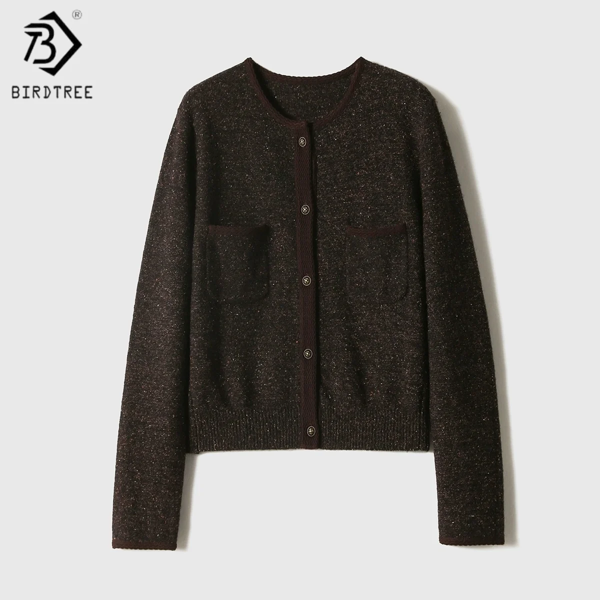 

Birdtree,Wool Silk Blended Knitted Cardigan/Vest,Woman Retro Single Breasted O-neck Sweater,2025 Autumn Winter Tops T5N102JF