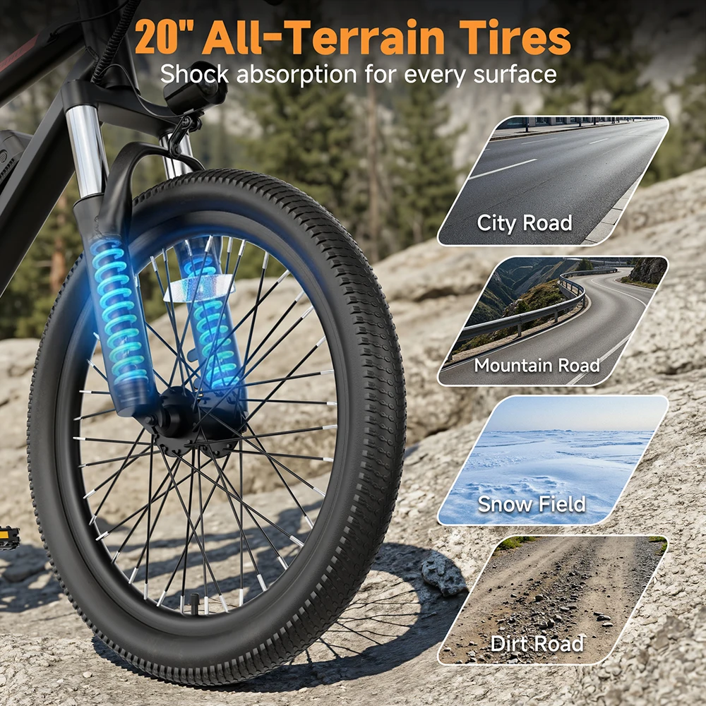 20 inch Electric Bike for Adults, 48V Removable Battery,500W Brushless Motor Peak Power, Max 22MPH Speed, 35 Miles Long Range, 3 Riding Modes Front Suspension Commuter E Bicycle view 6