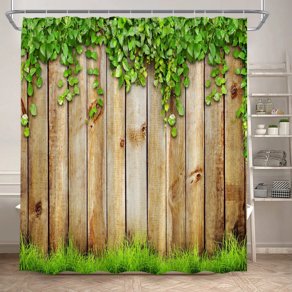 Green Leaves Shower Curtain Vine Plants Leaf Rustic Stone Wall Bamboo Barn Board Polyester Fabric Home Bathroom Curtains Decor