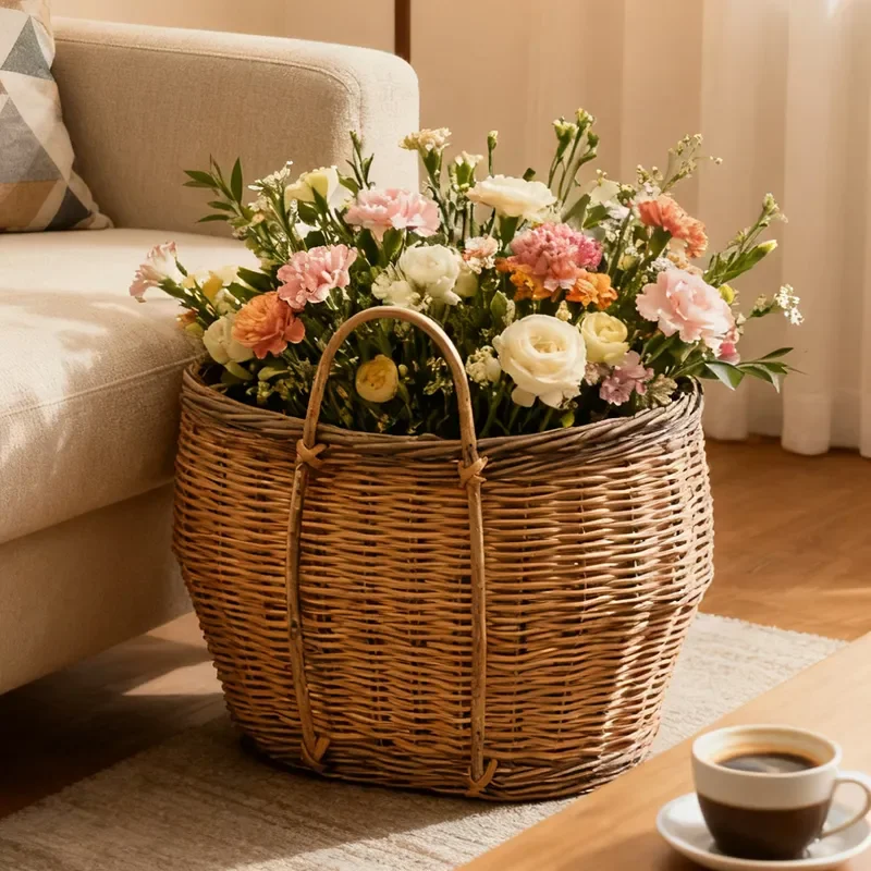 Vintage Willow Woven Flower Basket Large Capacity Handmade Rattan Storage Bin for Home Decor Floral Shop Display Organizer