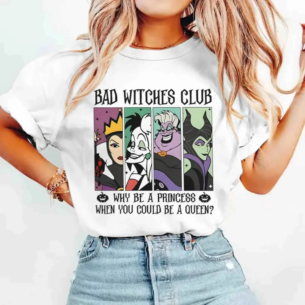 Camisetas Disney para presente_ Camisetas estampadas Disney Bad Witches Club, camisetas casuais modernas para homens, mulheres, famílias e crianças