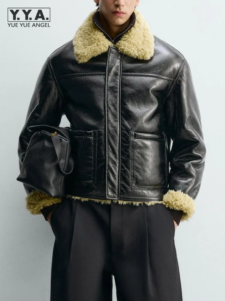New Men PU Leather Patchwork Fleece Loose Fit Turn Down Collar Jackets Single Breasted Coat Thick Warm Casual Men Winter Outwear