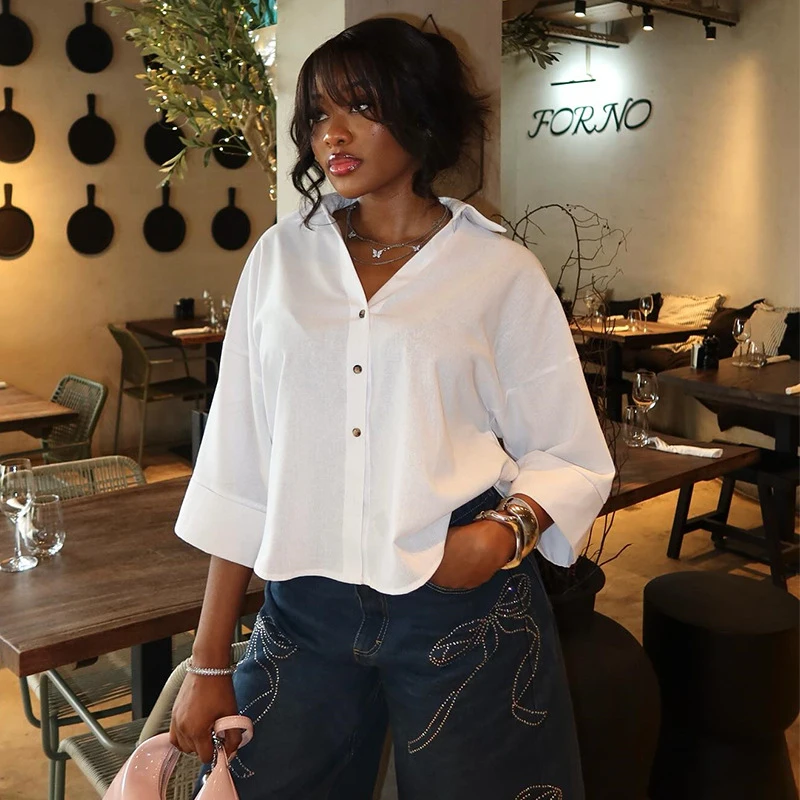 

Elegant New Trendy African Fashion Women Summer Casual Shirt Bloues Turn Down Collar Single Breasted Loose Tops