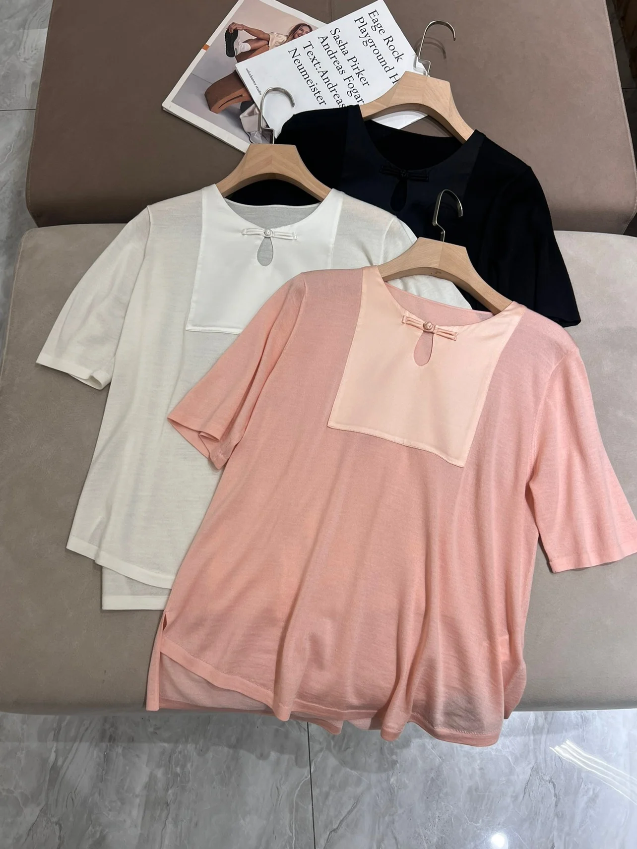 

24 New Women's New Chinese Silk Plate Button Silk Wool Knit Short Sleeve T-Shirt Loose Female