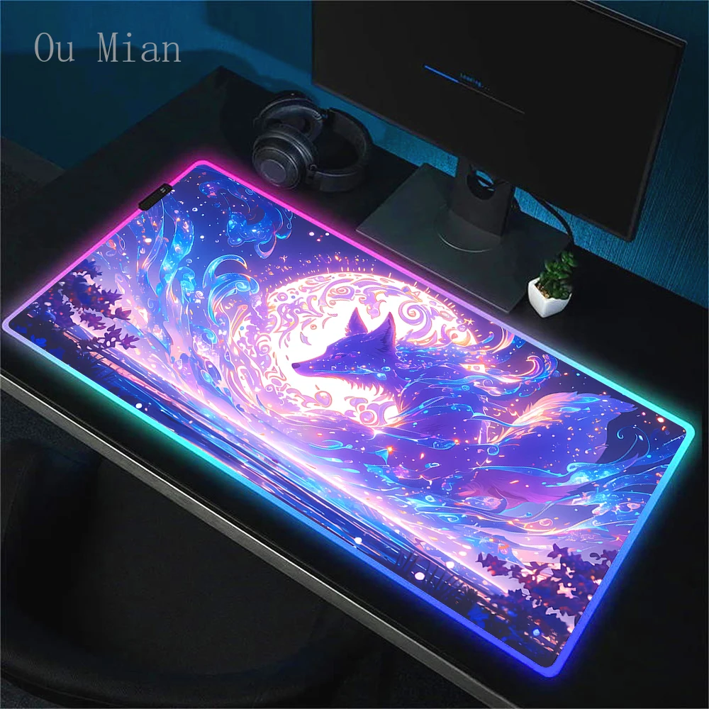 Pink Nine Tailed Fox Mouse Pad Rgb Gamer Colorful Mousepad Gaming Backlight Kawaii Deskmat Pc Luminescence Gamer Keyboard Mat XL