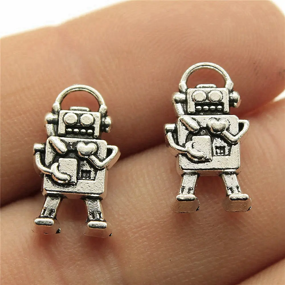 10pcs/lot 17x9mm Robot Charms For Jewelry Making Antique Silver Color 0.67x0.35inch