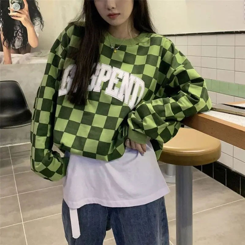 Sweatshirt High Quality Checkerboard Letter Print Hip Hop Women'S Loose Slimming Versatile Bottoming Top For Spring And Autumn