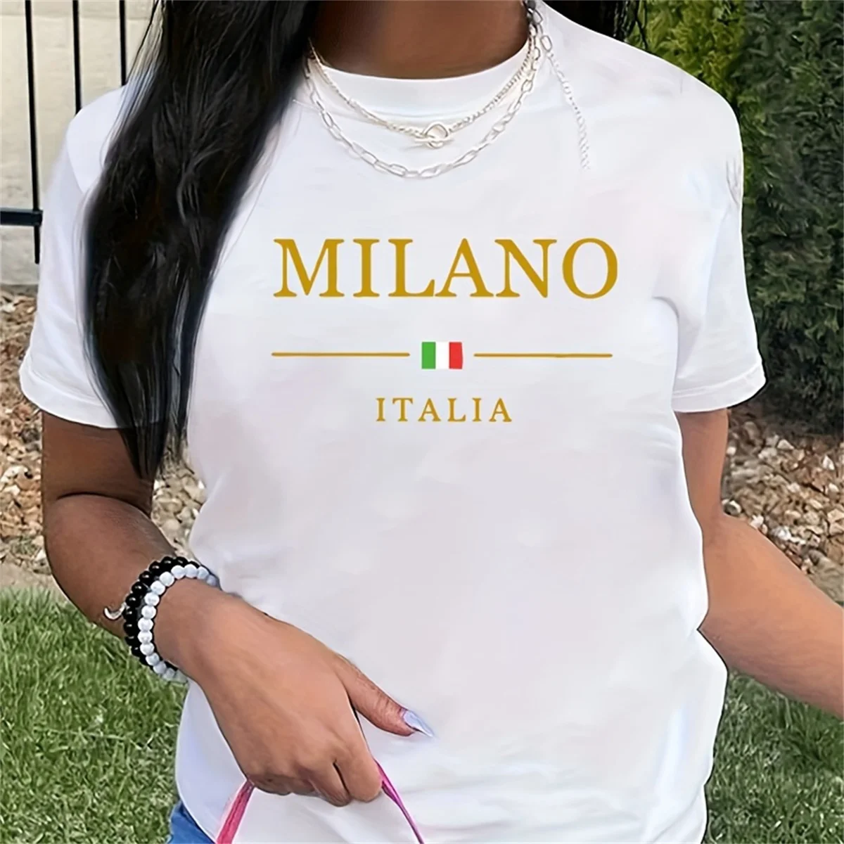 

Summer women's MILANO ITALIA letter graphic print fashionable casual sports loose round neck short sleeved T-shirt top