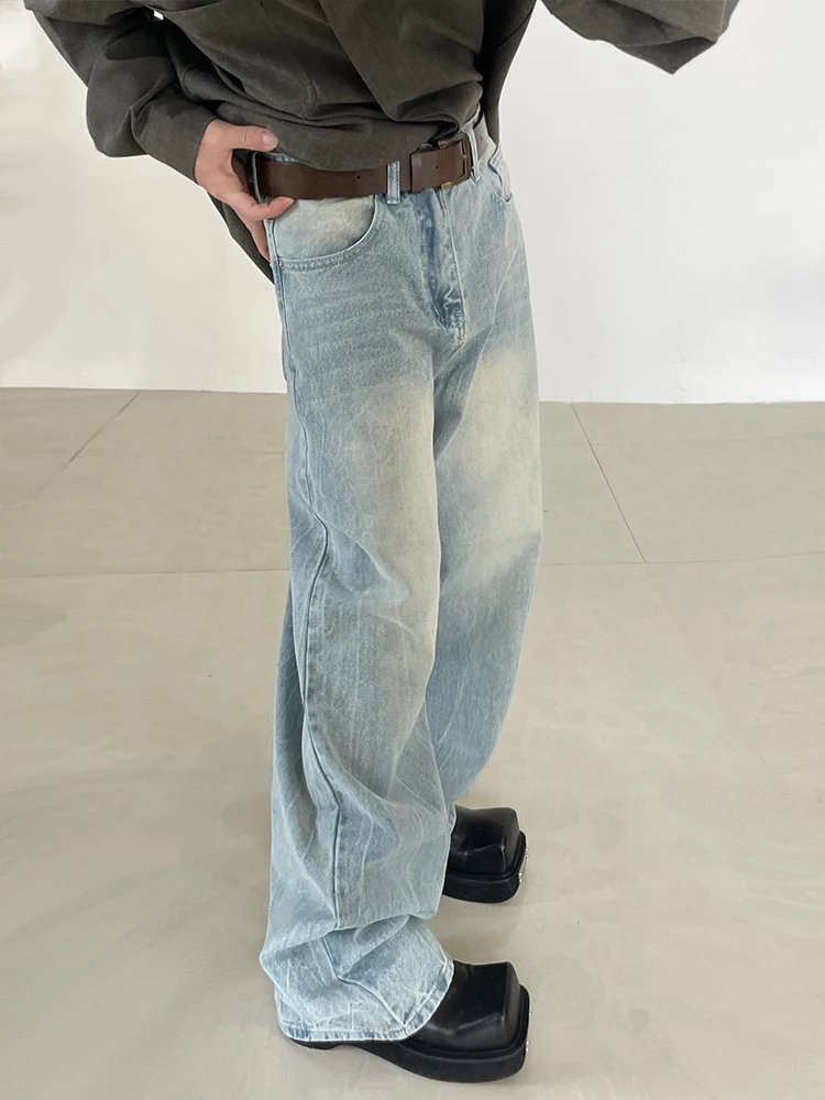 

Light Washed Retro Bamboo Stripe Wide Leg Men's Jeans Casual Loose Straight Cut Trousers Versatile Cotton Denim for Youth