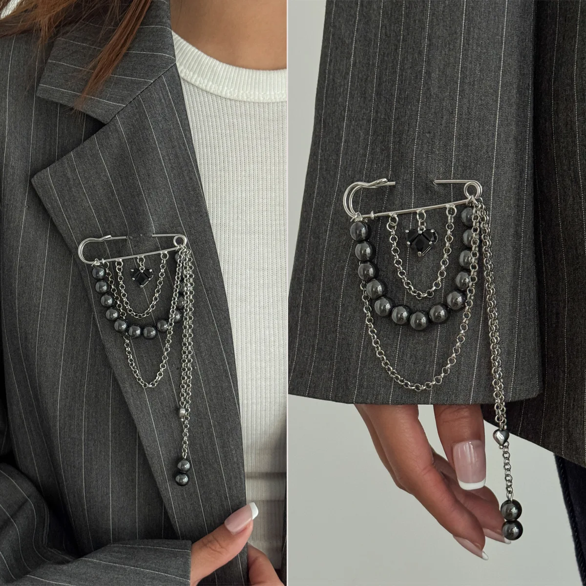 Fashion Heart Pendant Multifunctional Brooch Beaded Chain Fringed Pin