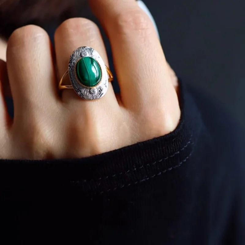 Cincin pertunangan wanita perak murni 925 batu Malachite elegan keluaran baru untuk hadiah wanita tidak pernah pudar murah