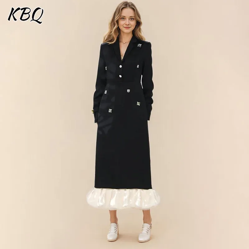 

KBQ Hit Color Patchwork Diamonds Elegant Dresses For Women V Neck Long Sleeve High Waist Spliced Zipper Long Dress Female Style