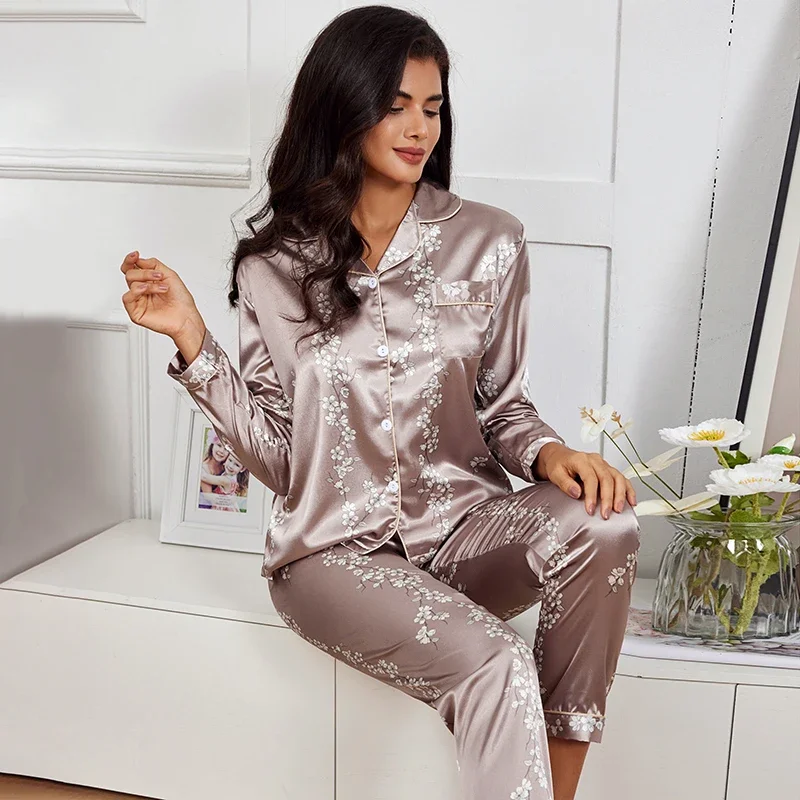 Spring Autumn pajama women silk satin pajamas set long sleeve shirt with trouser sleepwear loungewear female pyjamas suits Mujer