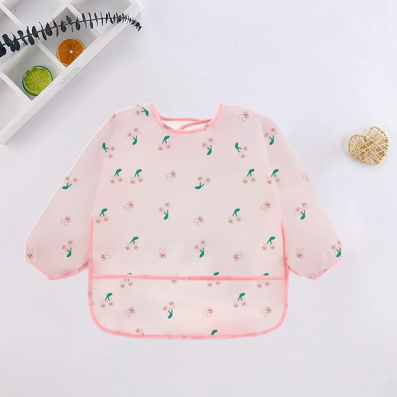 مريلة بأكمام طويلة للأطفال بتصميم كرتوني ملون لطيف ومريلة مقاومة للماء للأطفال من عمر 0 إلى 3 سنوات