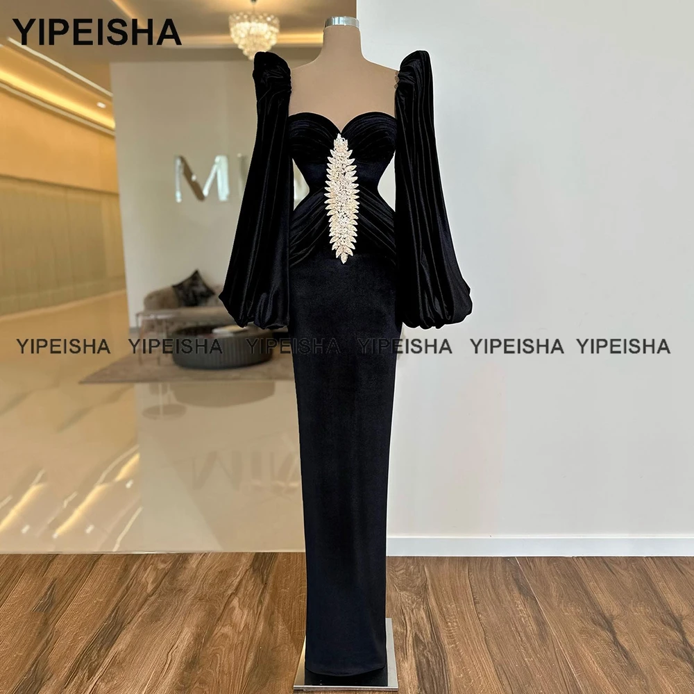 Yipeisha Quadratischen Ausschnitt Meerjungfrau Abendkleid Schwarz Samt Prom Kleid Lange Ärmeln Velours Pageant Party Kleid Nach Maß