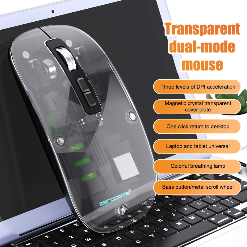 Transparent Wireless Mouse Dual Mode Bluetooth-compatible Rechargeable Mouse Noiseless Cordless Computer Mice For PC Laptop