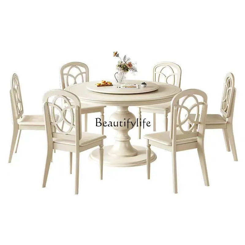 

French cream style solid wood round dining table and chair combination American simple home