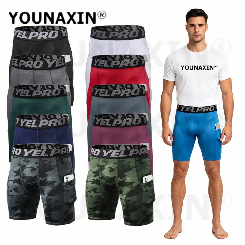 Men's Compression Shorts with Phone Pocket Quick Dry Athletic Tights for Running Gym Fitness Workout Training S-2XL YOUNAXIN