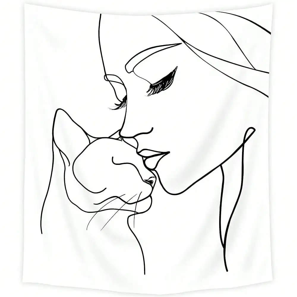 Minimalist Line Art Tapestry - Woman Kissing Cat, Black White Outline Wall Decor, Boho Bedroom Living Room, Multiple Sizes