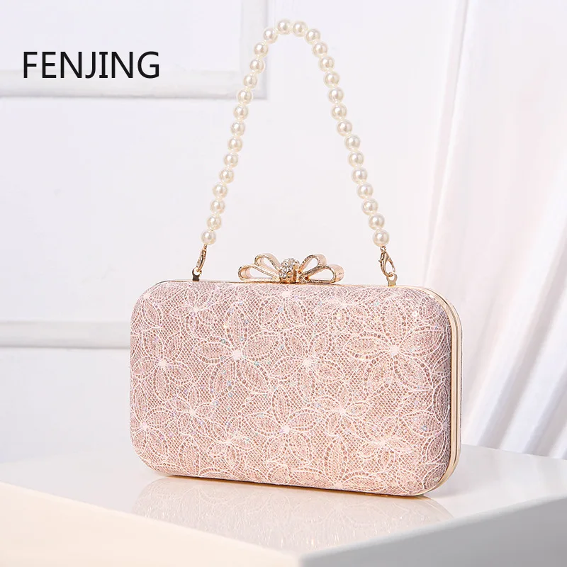 2024 New Evening Bags for Women Lace Flower Clutch Shoulder Purse Luxury Banquet Party Clutch Pearl Top Handbags Bolso Mujer