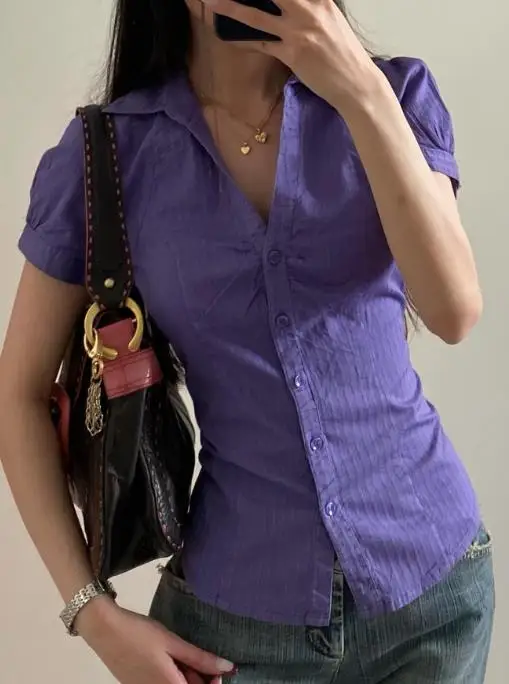 

Y2K Hot Girl Short-Sleeved Button T-Shirt Small Shirt Women's Clothing 2025 Autumn and Winter