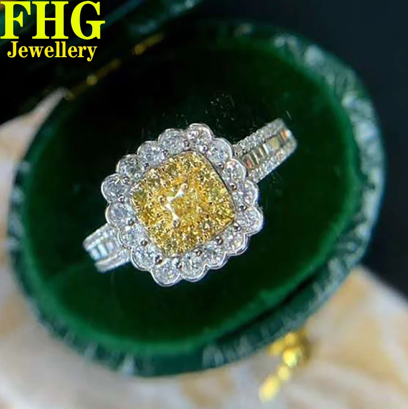 

9K Au375 White Gold Ring 0.7Carat Nature Diamond Yellow diamond Sun ring Wedding Party Engagement Anniversary Ring