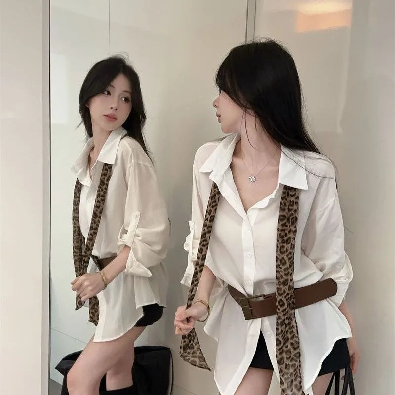 

Office Style Women'S Shirt Loose-Fit Long Sleeves Tees Y2k Curvy Woman Clothing Autumn Clothes Women Leopard Print Tie Tops
