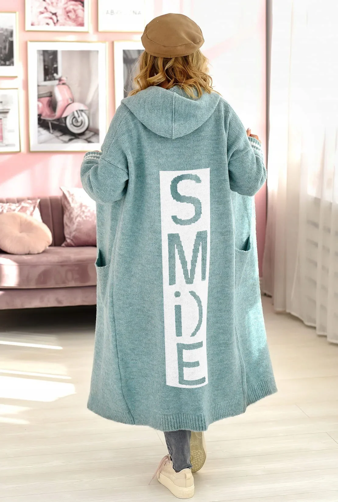 Letter Hooded Cardigan Knit Sweater Women Spring Autumn Winter Maxi Soft Spring Loose Coat Long Knitted Jacket Cardigan Jumpers