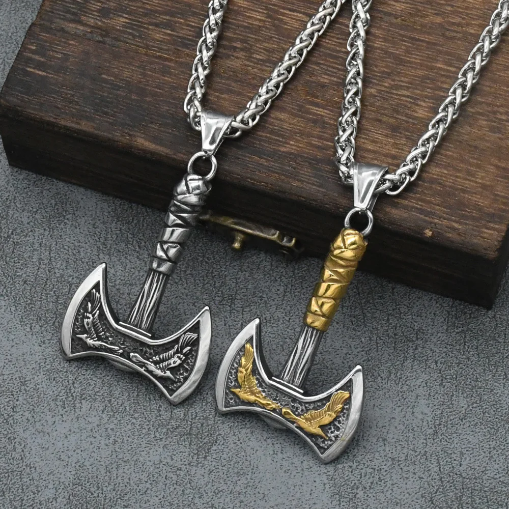 Odin Raven Double Axe Vintage Viking Pendant Stainless Steel Celt Knot Necklace Men\'s Scandinavian Jewelry Gift