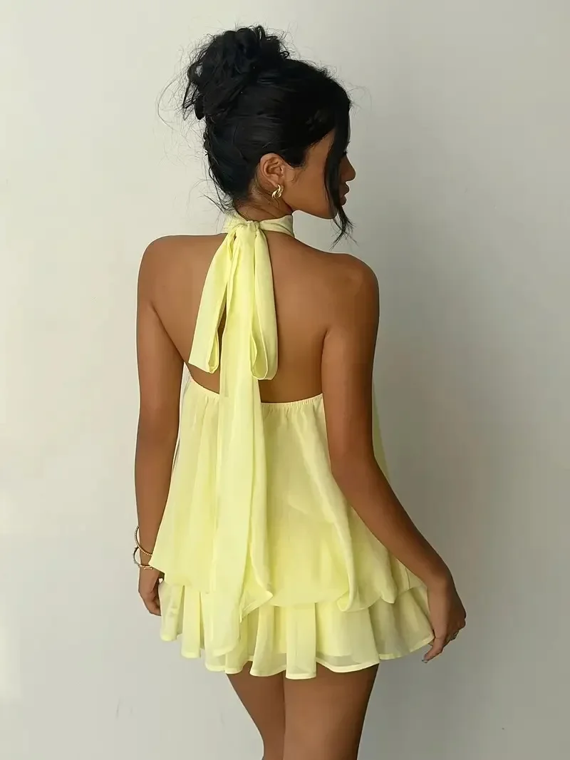 Damen Chiffon-Minikleid mit Neckholder, ärmellos, mehrlagig, mit Rüschen, fließend, einfarbig, locker, A-Linie, Sommer-Party, Strand, Freizeit-Sommerkleid – Detail 16