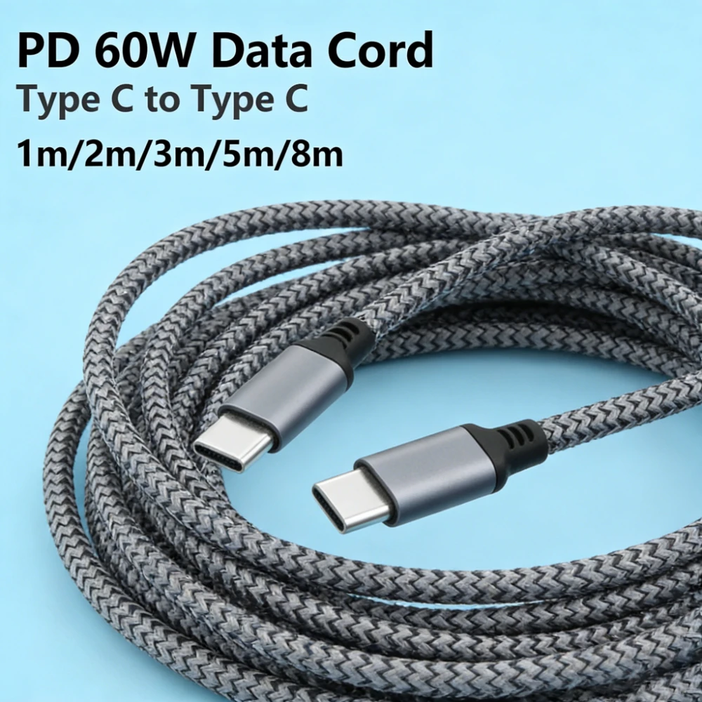 PD 60W Braided Type C to Type C Fast Charging Data Cable 5A Quick Charge Cord Dual Port Data Cords Quick Charging Extended Cable