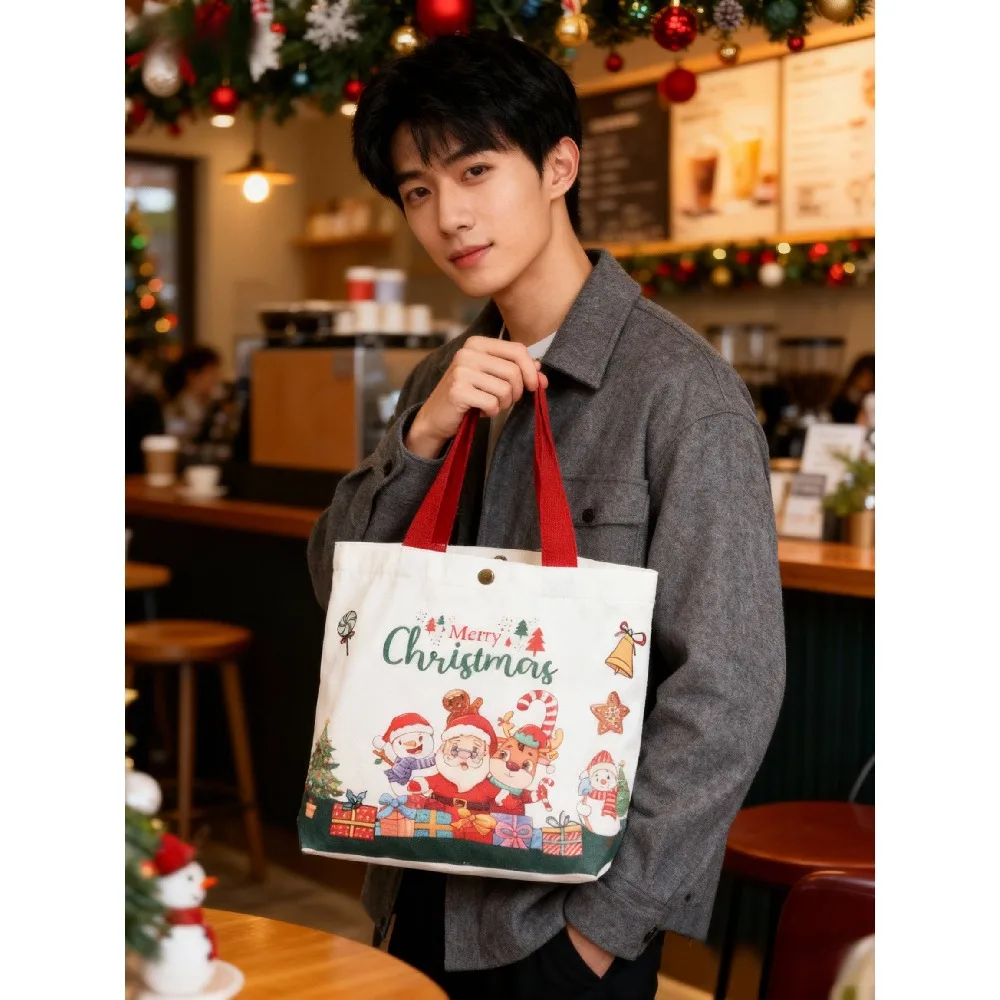 1 Pack Christmas Canvas Tote Bag, Merry Christmas Santa Snowman Reindeer Print Reusable Shopping Bag, Snap Closure Holiday Handbag for Work School Grocery Gift Wrapping