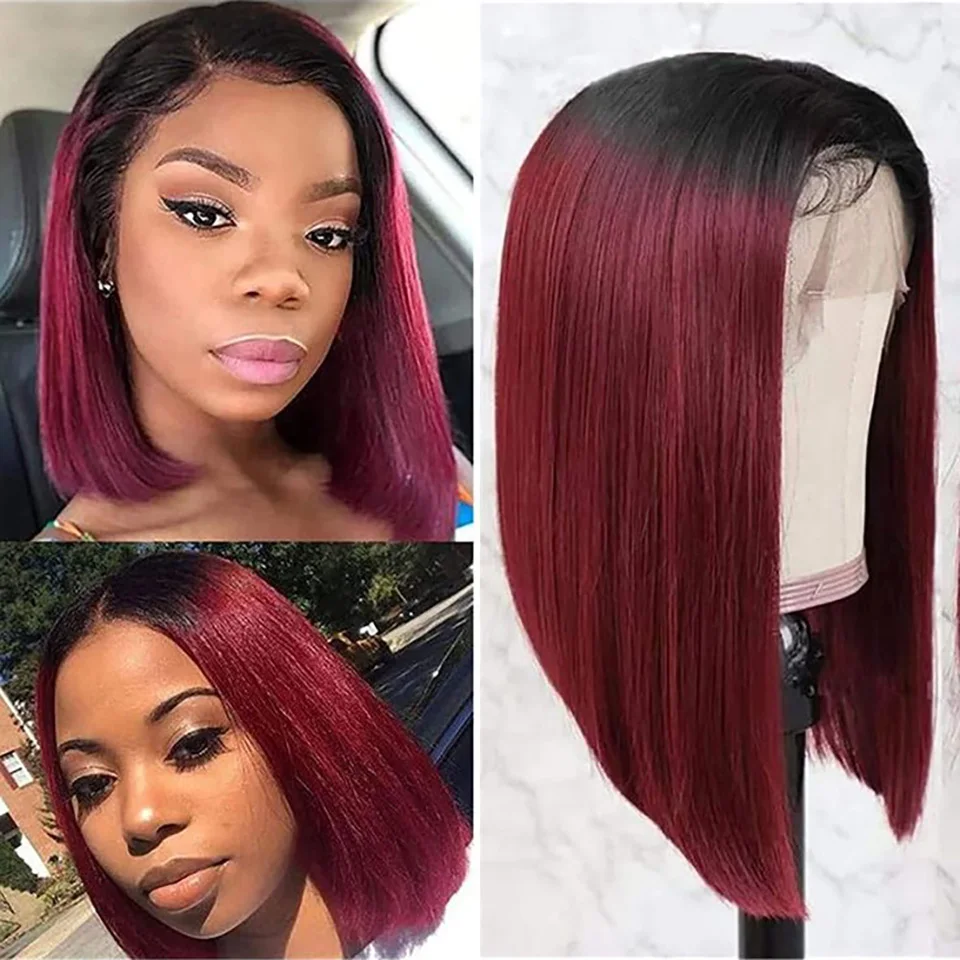 Ombre Burgundy Human Hair 13x4 HD ลูกไม้ด้านหน้าวิกผม Glueless สั้นตรง Bob Wigs T1B/99J สําหรับผู้หญิงสีดํา Pre Plucked 12 นิ้ว