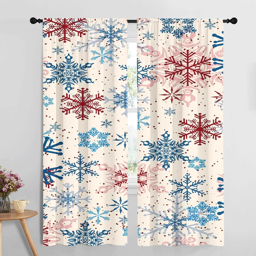 2PCS Digital Print Curtain, Red Blue Snowflakes Pattern on Cream Background, Vintage Nordic Winter Christmas, for Bedroom Decor
