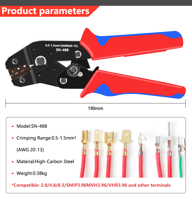 Für Lasche 2,8 4,8 6,3 Auto klemmen Crimp zange 0,5-2,5 mm²/23-13awg hochpräzise Backen draht elektrische Handwerkzeuge SN-48B – Detail 2
