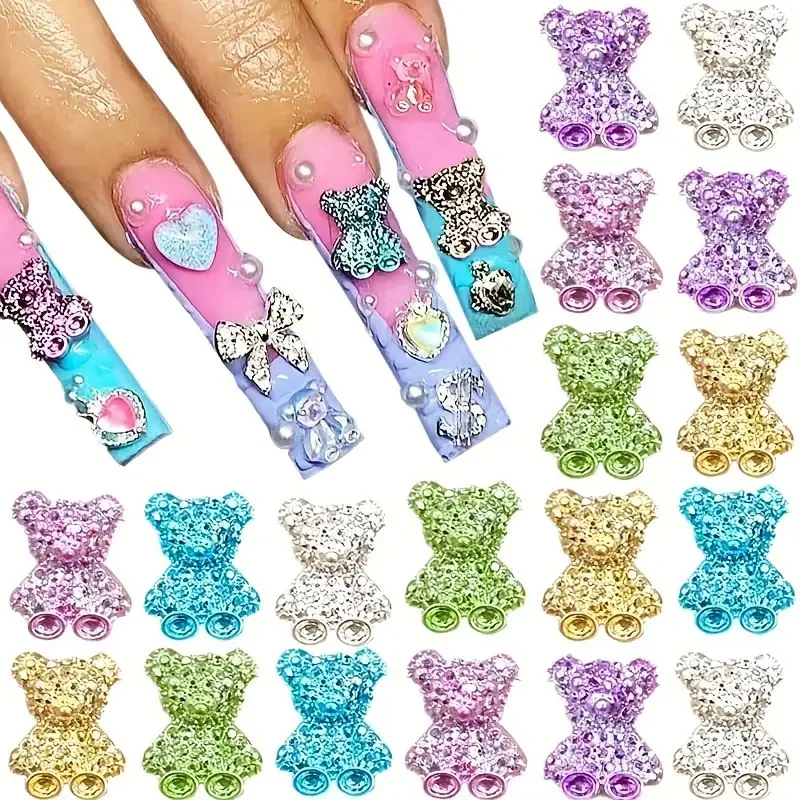 20/50pcs Shining Metallic Teddy Bear Nail Charms Cartoon Silver/Purple/Blue/Green Bear Manicure Decoration DIY Animal Ornament &