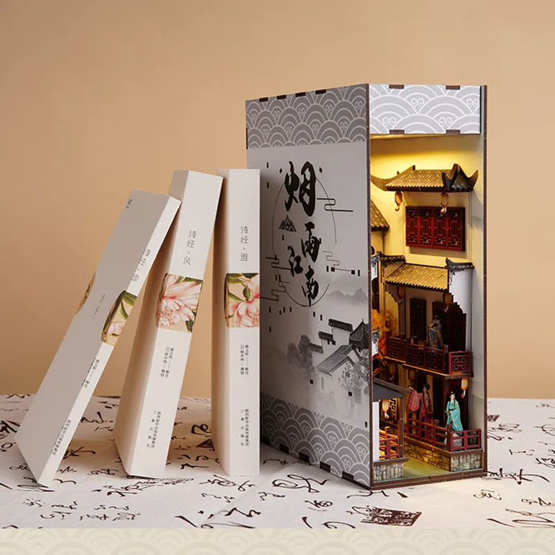 

DIY Wooden Book Nook Jiangnan Alley Model Bookend Book Shelf Insert Bookcase Assemble Toys Children Girl Birthday Gift Casa