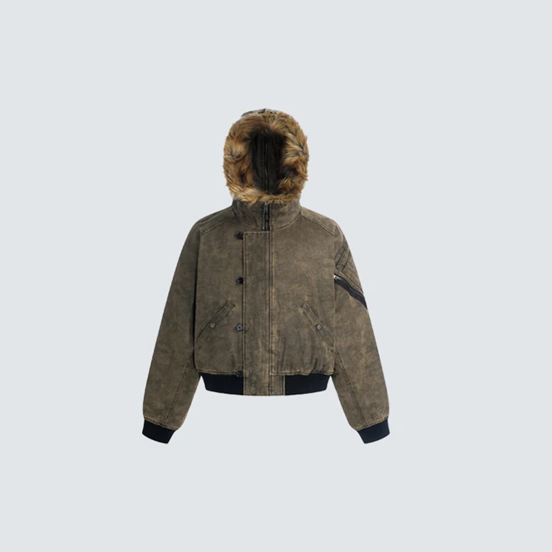 American Retro Camouflage Vintage Fur Collar Hooded Cotton Jacket Mink Fur Collar Multi Pocket Workwear Jacket Trendy