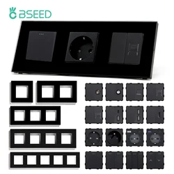BSEED Wall Socket Glass Frames EU French Power Socket Type-C USB Plug Mechanical Light Switches Function Parts Free Combine