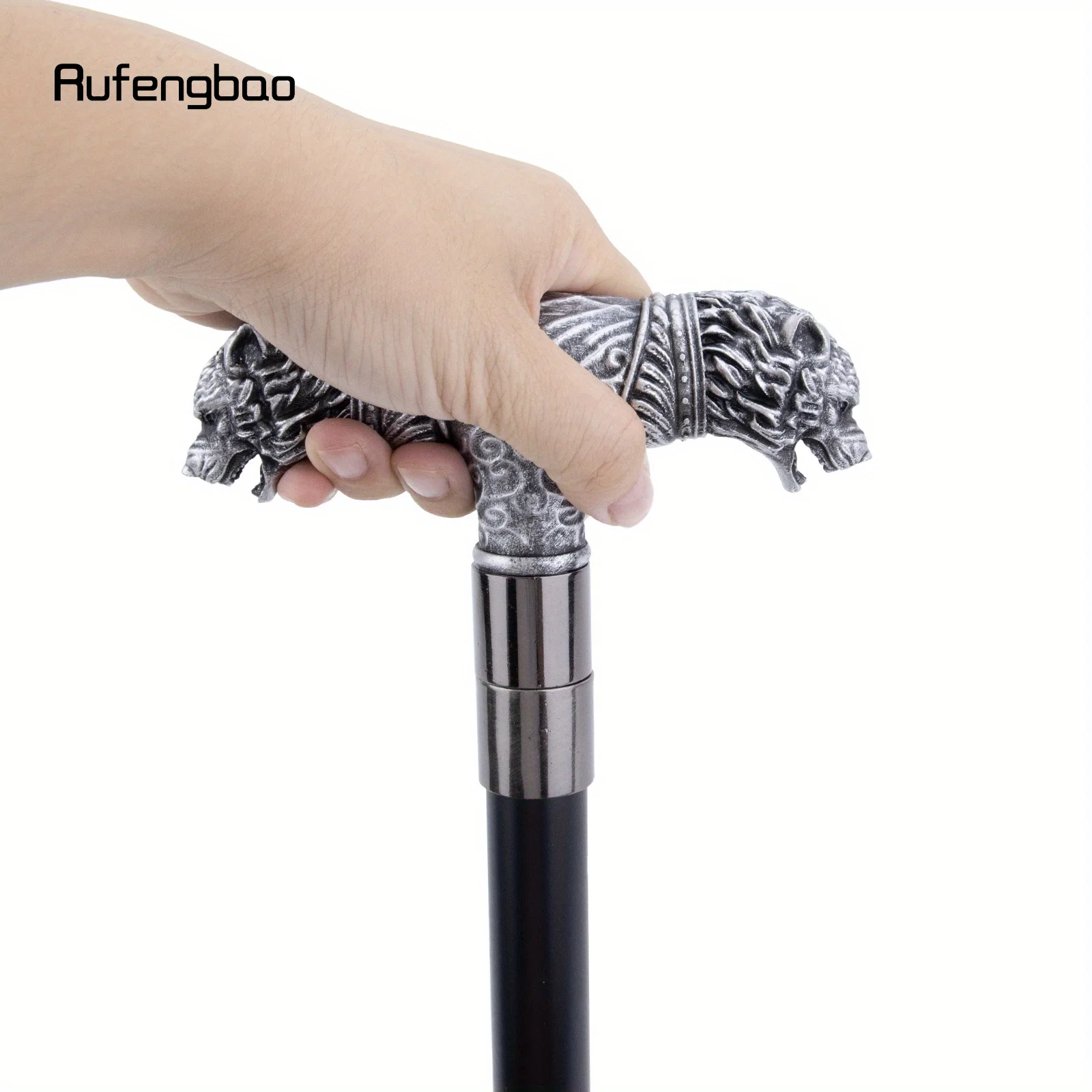 Silver Resin Wolf Double Head Walking Cane Fashion Steel Stick Elegant Cosplay Cane Knob Crosier Performance Stage Cane 92cm