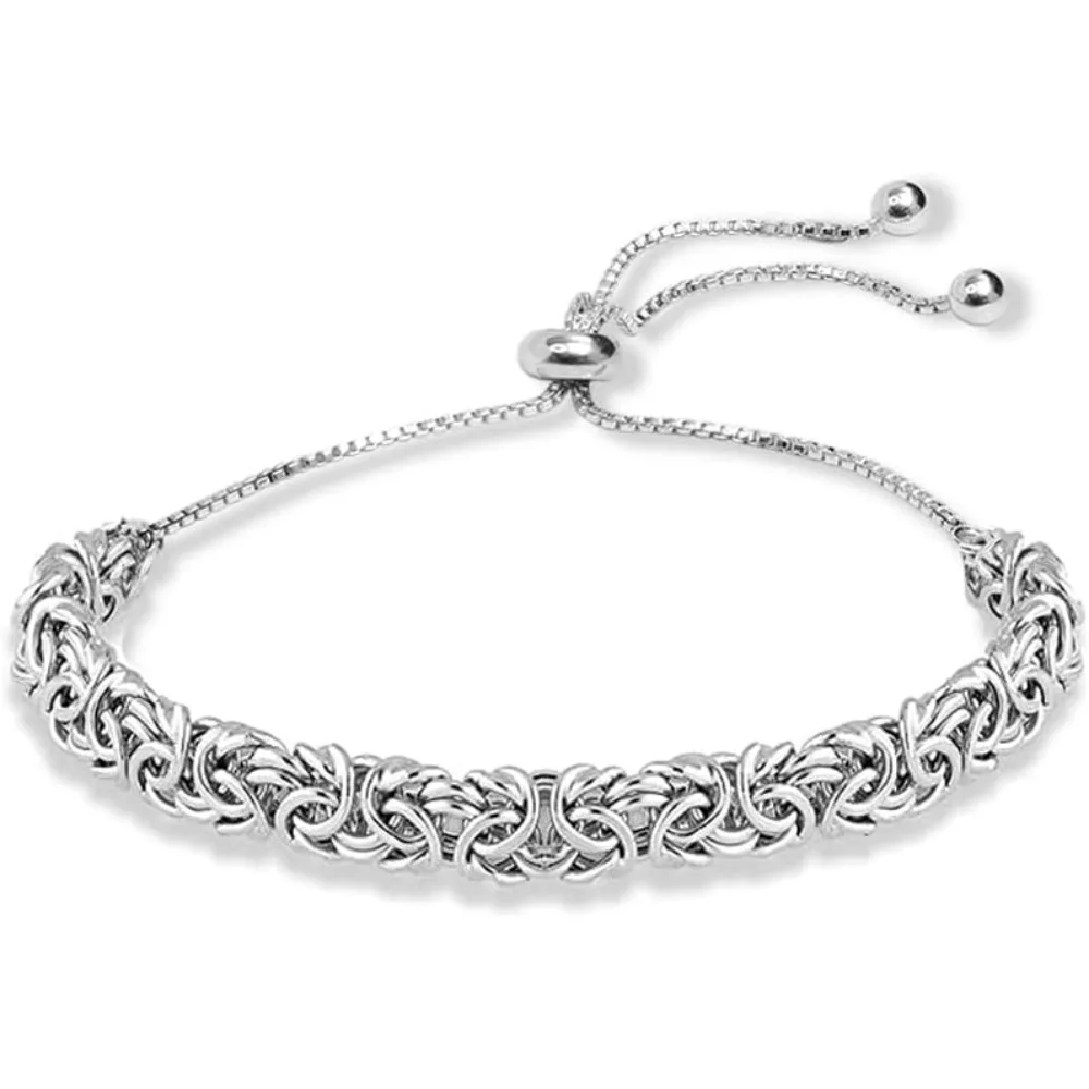 Sterling Silver Byzantine Bolo Bracelet for Women | Adjustable Sliding Link Chain Classic Jewelry