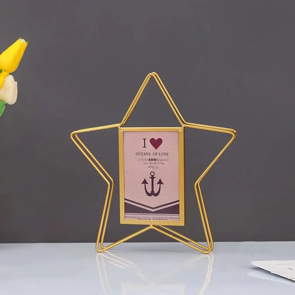 Pretty Five-pointed Star/Heart Shaped Crafts Tabletop Ornament Metal Photo Frame Golden-color Picture Frame for Living Room