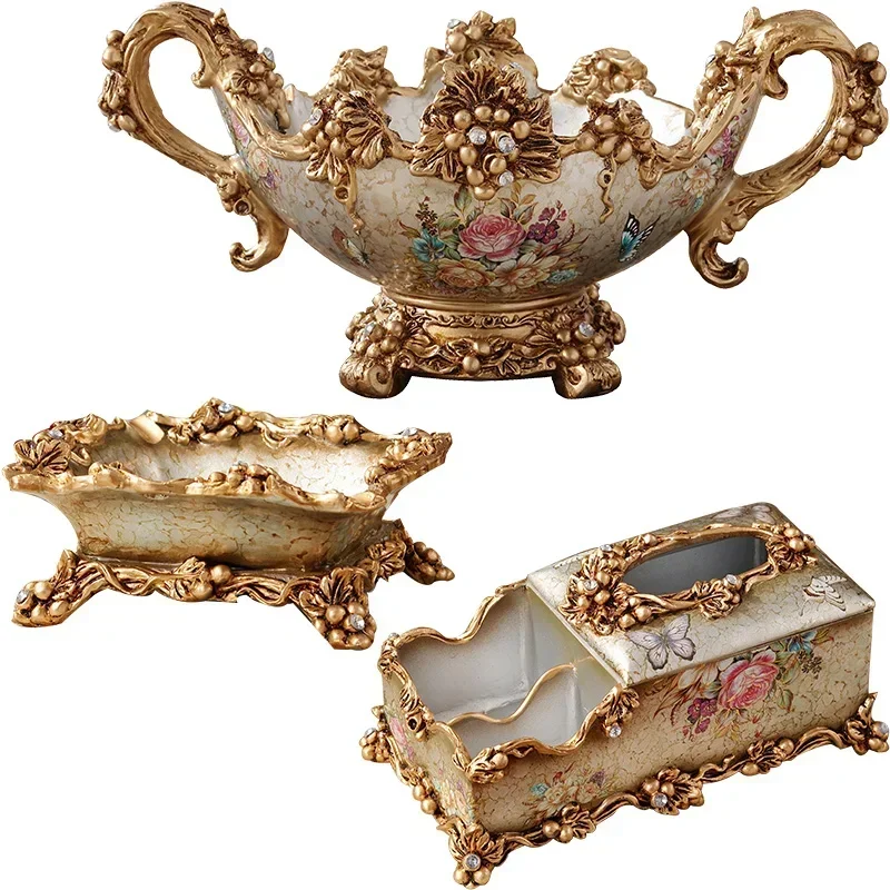 

European fruit plate three-piece coffee table ornament, ashtray tissue box set dried fruit plate