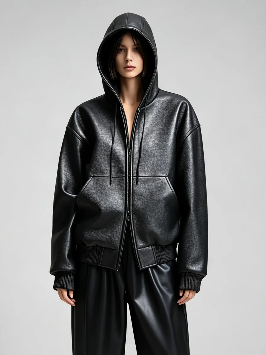 DFDG Women 2026 Spring Autumn Oversized Hooded Faux Leather Bomber Jacket Drawstring Hood Kangaroo Pocket Rib Hem Loose Coat