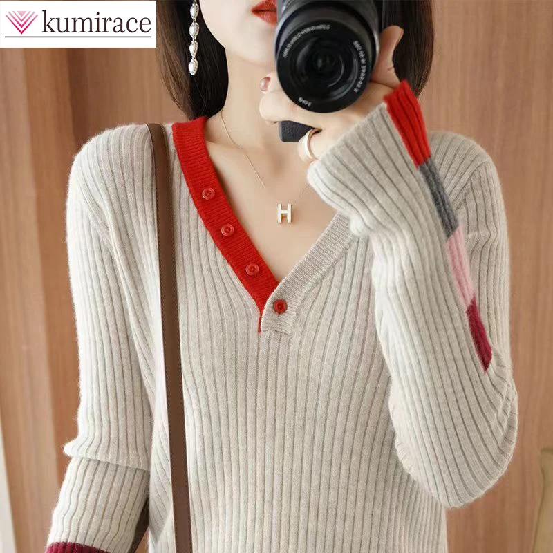 

South Korea Autumn Long Sleeve Sweater Coat 2022 New Elegant Women Casual Loose Soft Inlaid V-neck Pullover Sweater