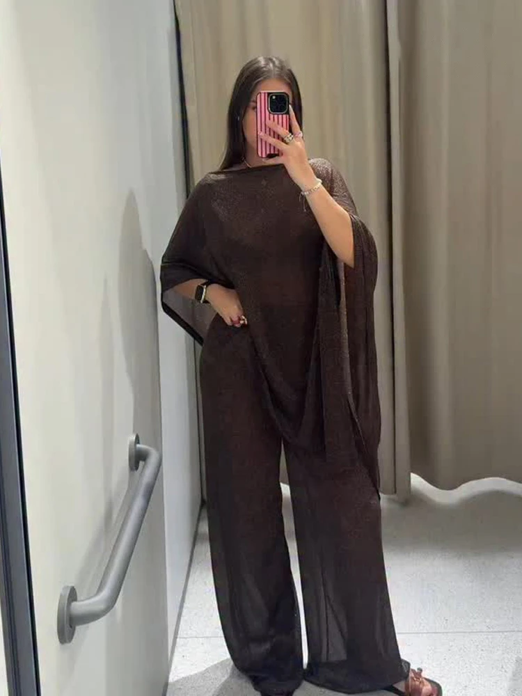 

HH Summer Women Elegant Solid Metallic Color Line Asymmetric Coat+Slim Drawstring Elastic Waist Wide-leg Pants 2-Piece Set