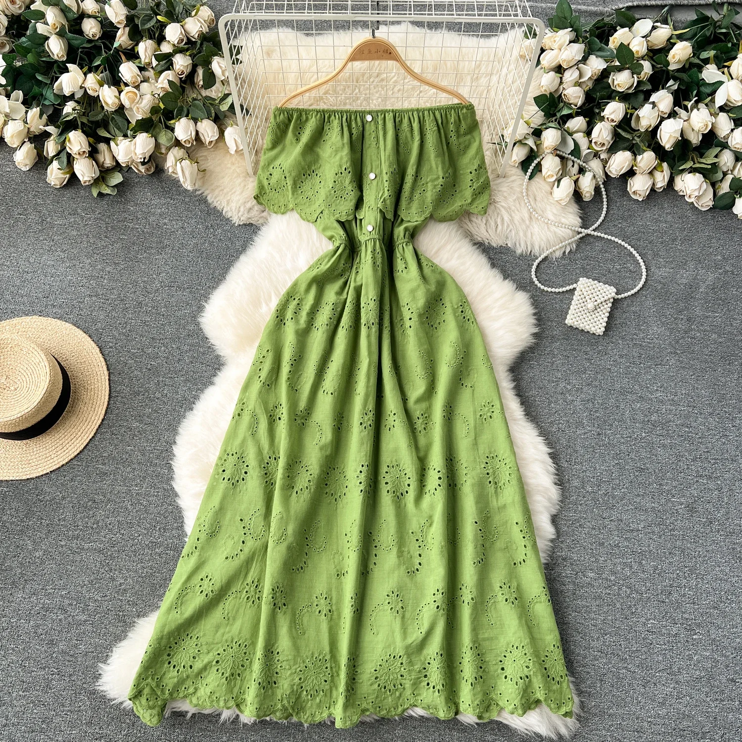 sweet Vintage cut out Embroidery Elegant cut out Dress Casual Women A-LINE  Fashion summer off shoulder dresses