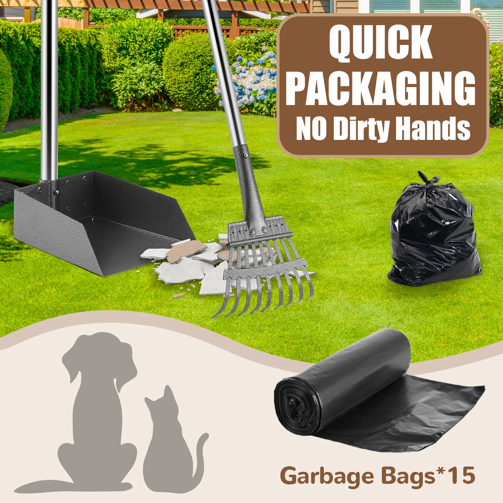 

Набор лотков и лопаток для собачьего мастера, грабли для лопаты, совок, набор лопаток для собачьих какашек — набор из трех предметов с 15 мешками для мусора